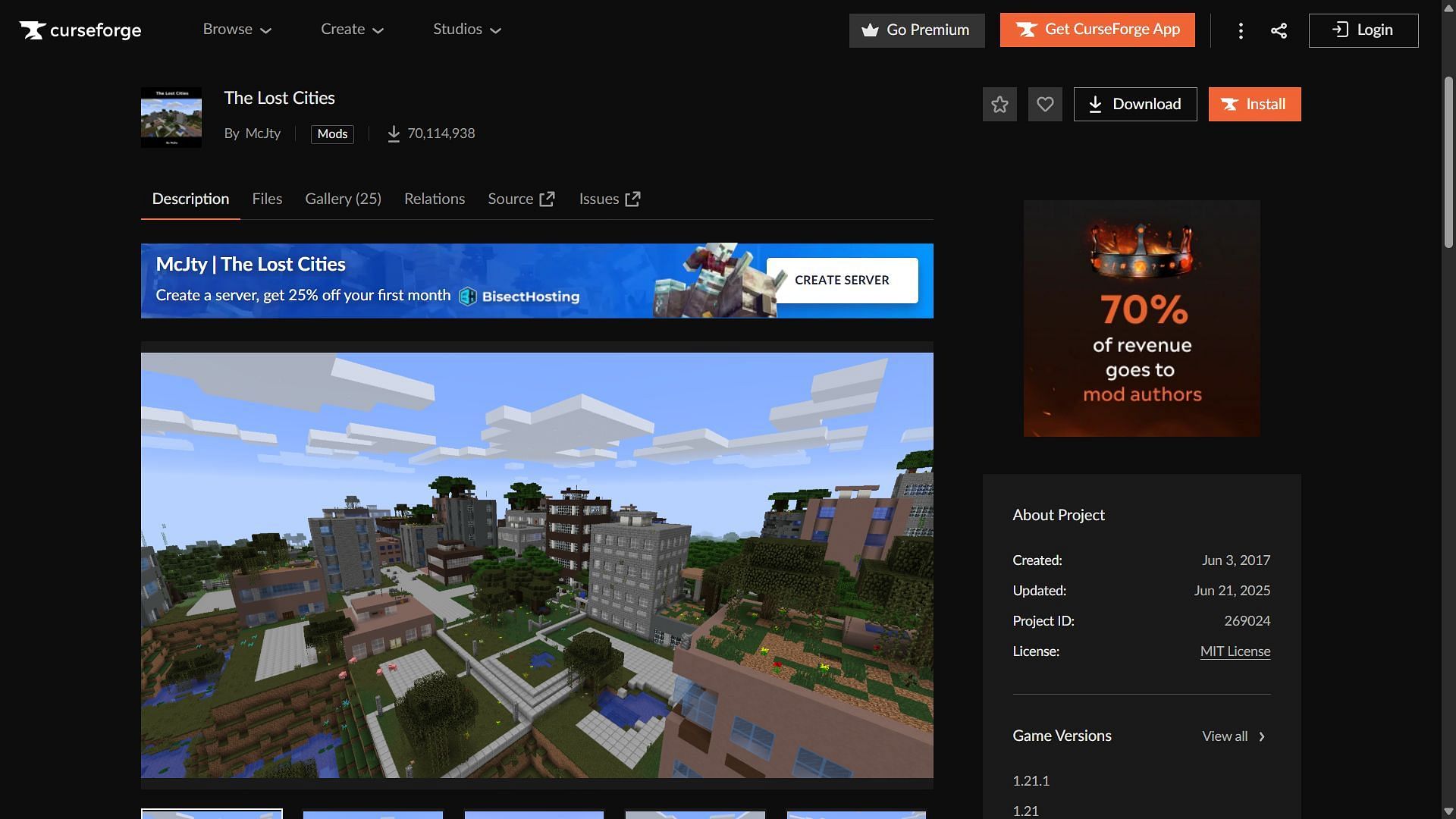 The Lost Cities can be downloaded from the CurseForge website (Image via CurseForge/@McJty)